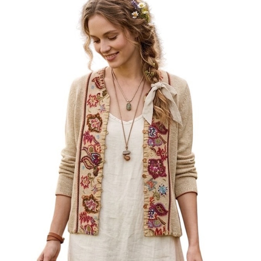 Sigrid Olsen Tan Floral Embroidered Cottagecore Cardigan Sweater Petite‎ M